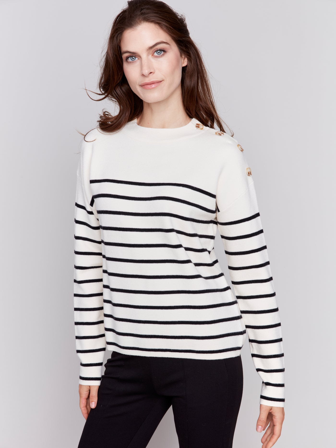 Charlie B Top - Stripes + Buttons - Ecru /Navy