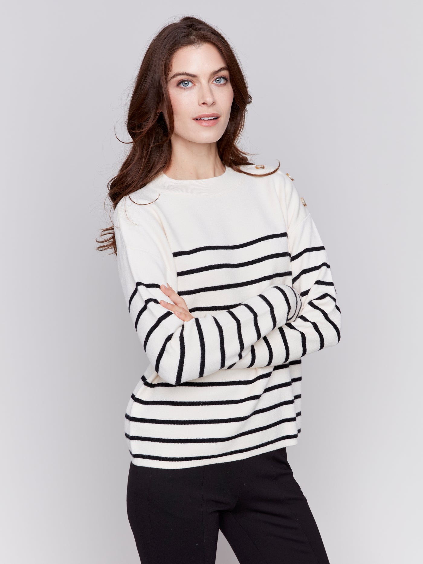 Charlie B Top - Stripes + Buttons - Ecru /Navy