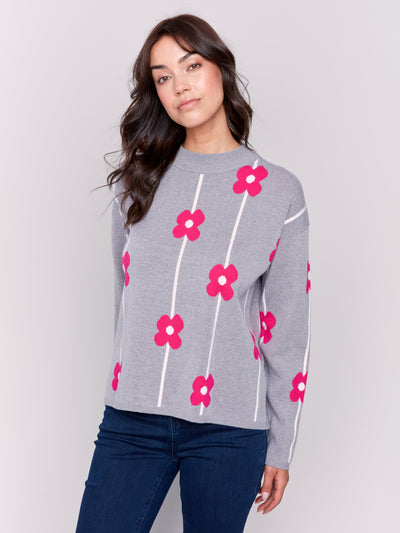 Charlie B Top - Daisy Stripe Sweater - Grey /Pink