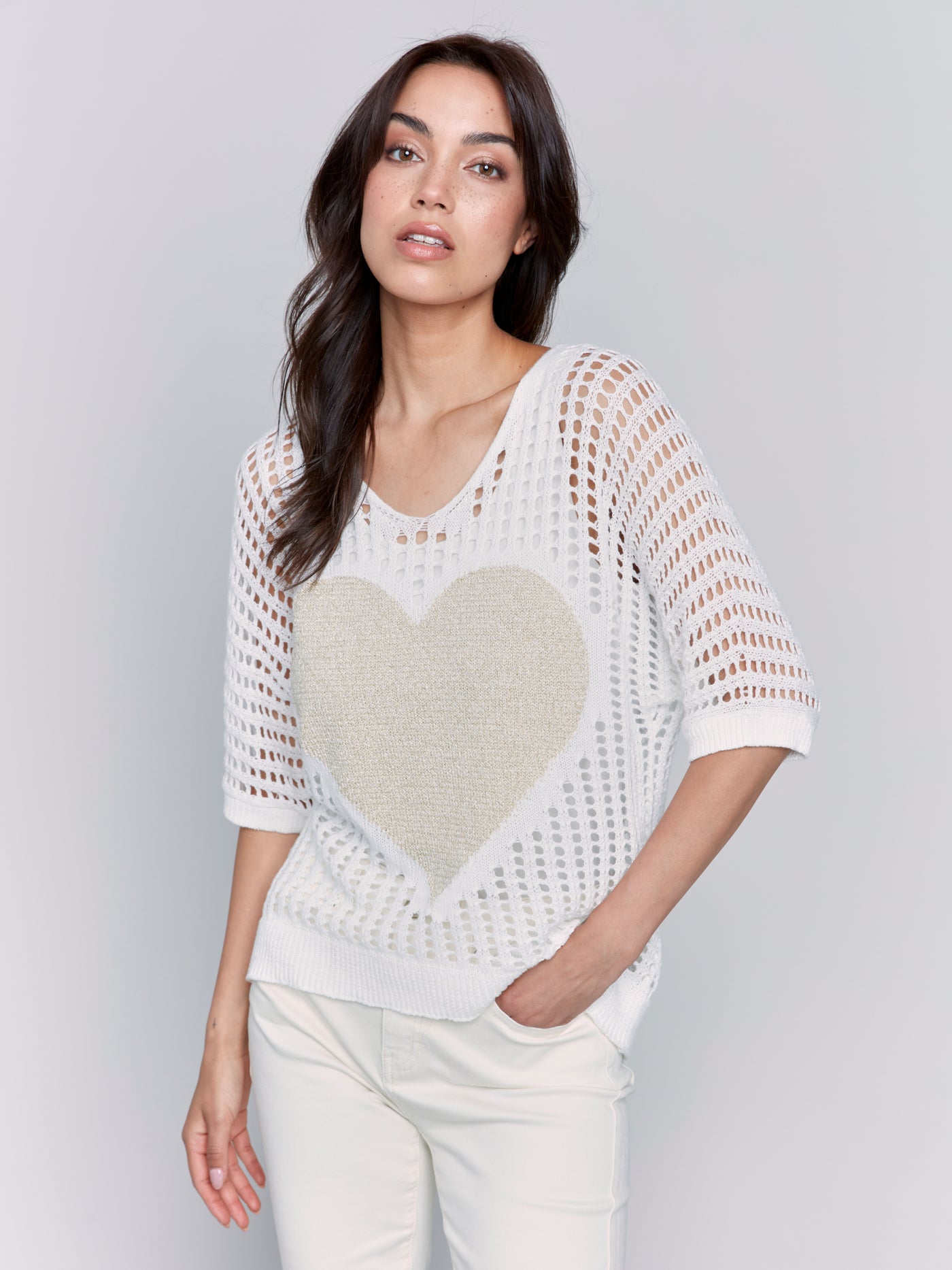 Charlie B Top - Fishnet Heart Sweater - White