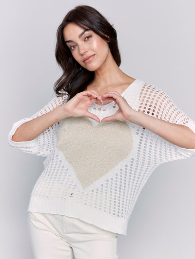 Charlie B Top - Fishnet Heart Sweater - White