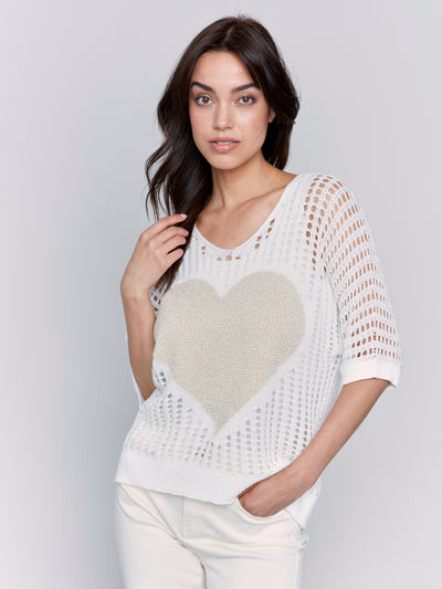 Charlie B Top - Fishnet Heart Sweater - White