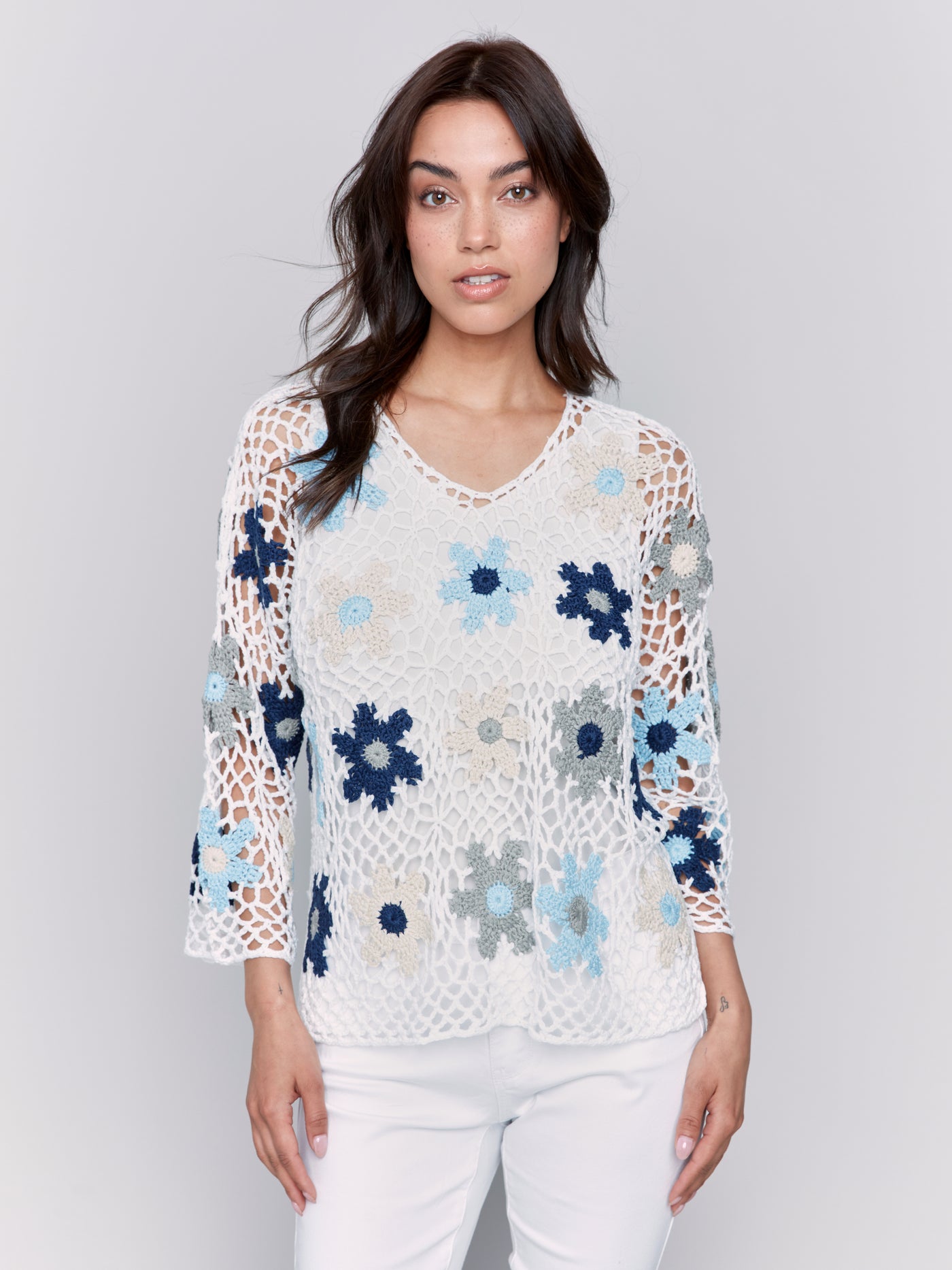 Charlie B Top - Fishnet Floral - Blue