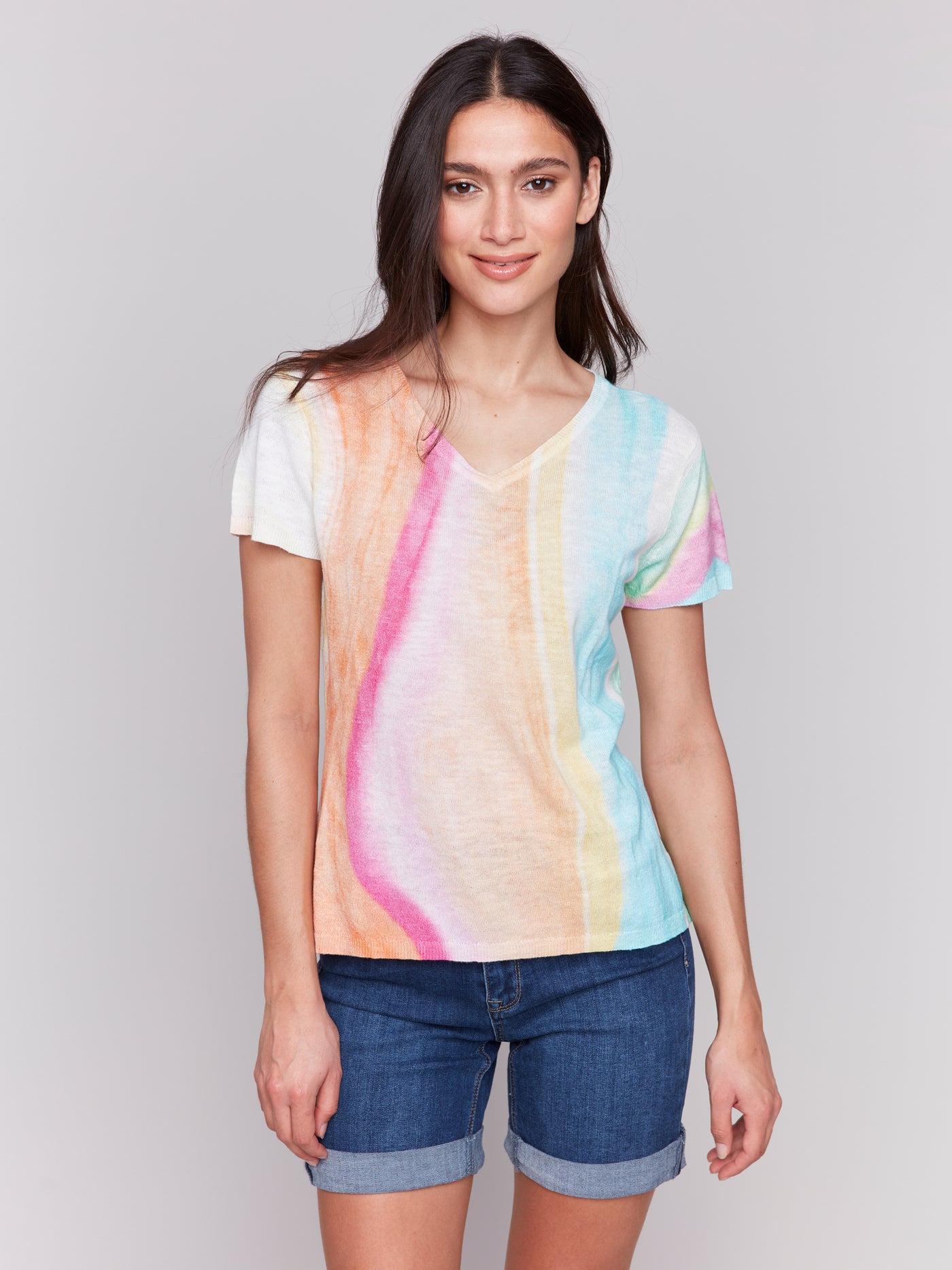 Charlie B Top - V-Neck Linen Blend - Rainbow