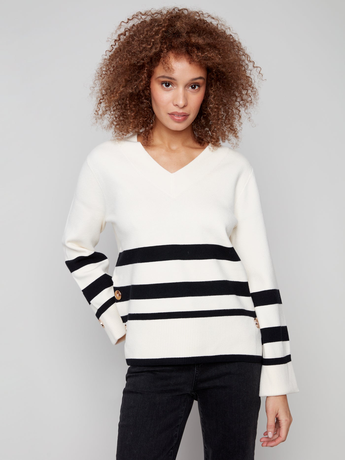 Charlie B Top - Striped V-Neck - Ecru