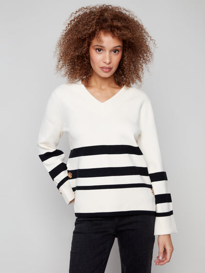 Charlie B Top - Striped V-Neck - Ecru