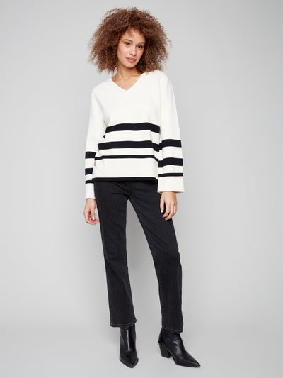 Charlie B Top - Striped V-Neck - Ecru