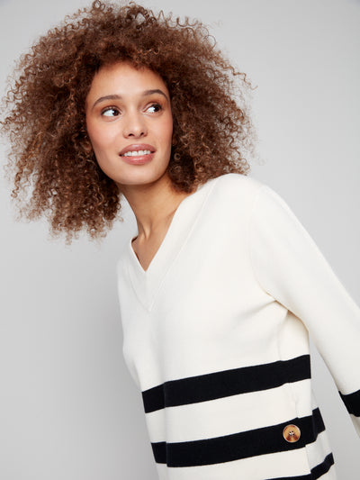 Charlie B Top - Striped V-Neck - Ecru