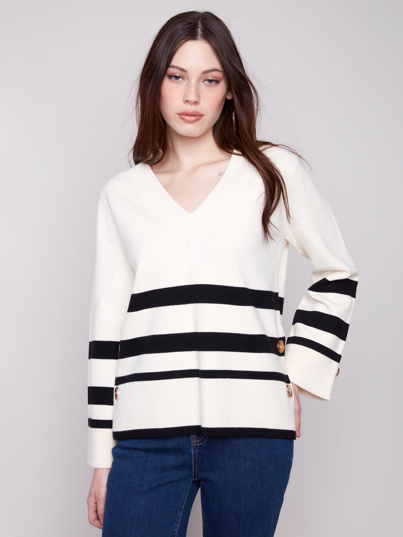 Charlie B Top - Striped V-Neck - Ecru
