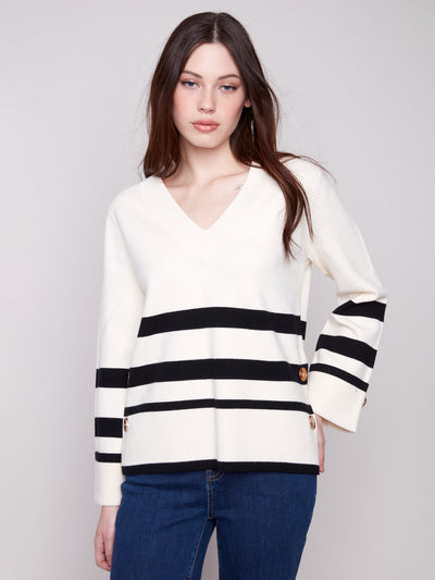 Charlie B Top - Striped V-Neck - Ecru
