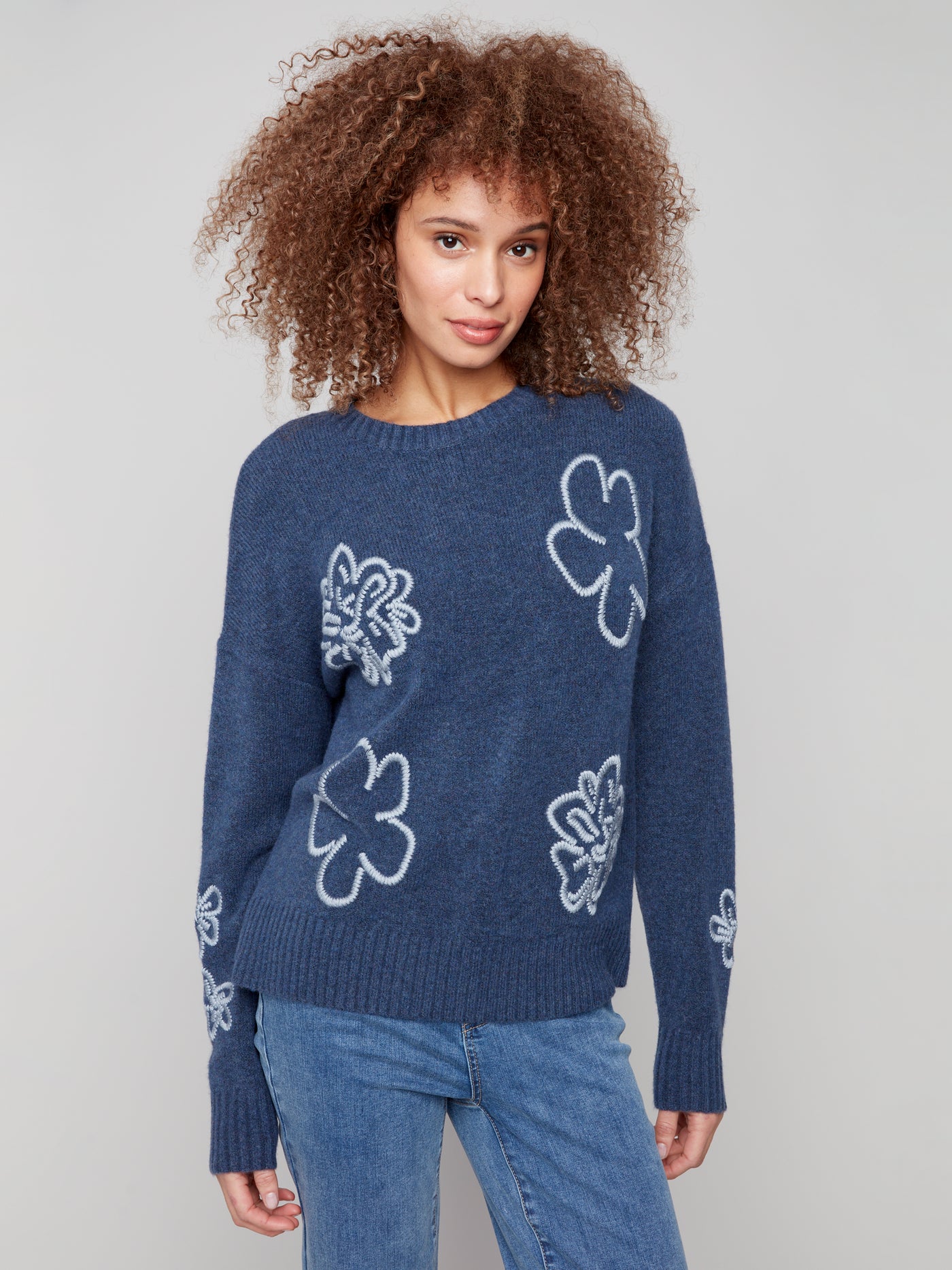 Charlie B Top - Embroidered Crew - Denim