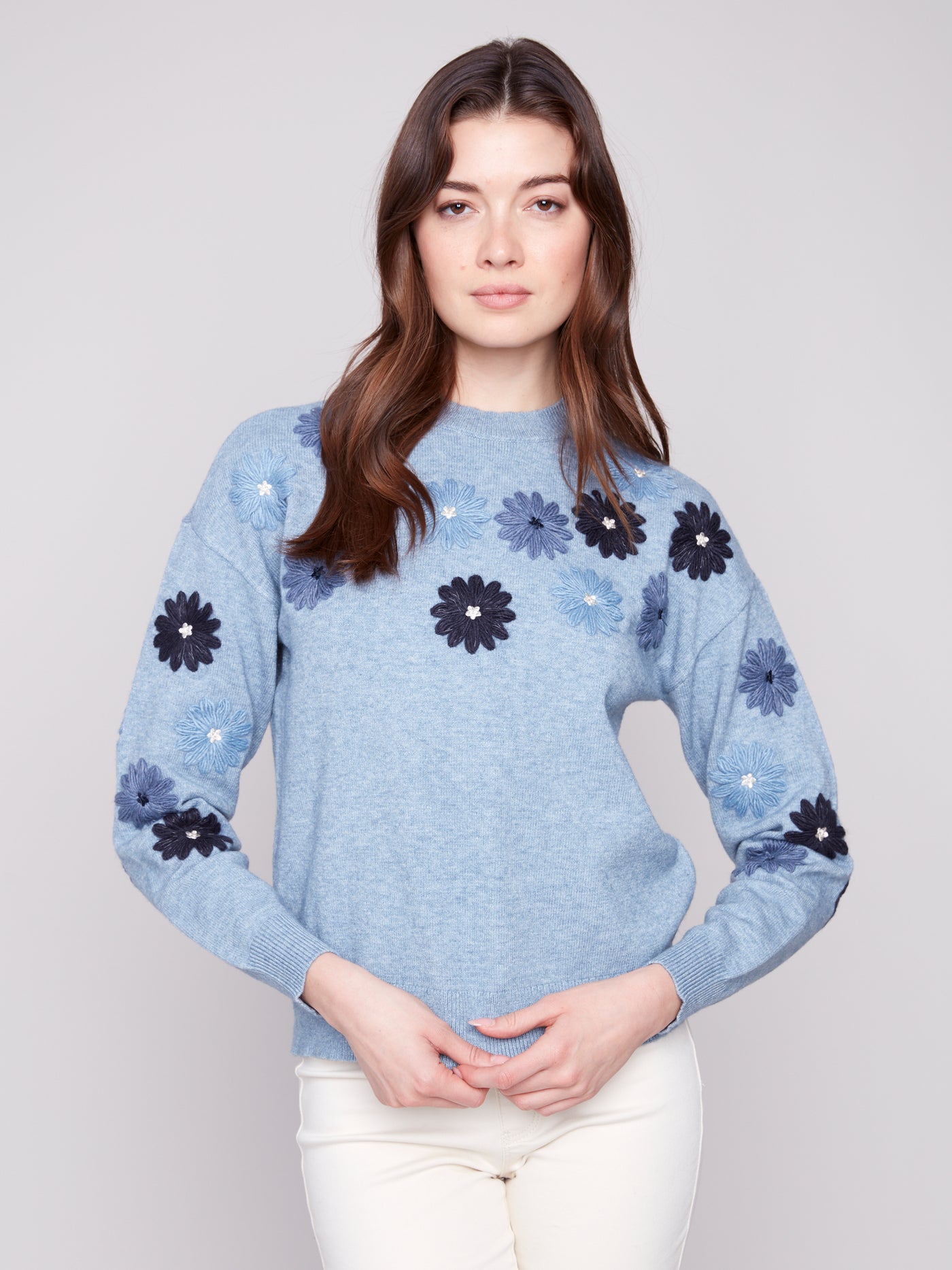 Charlie B Top - Embroidered Crew - Denim Blue