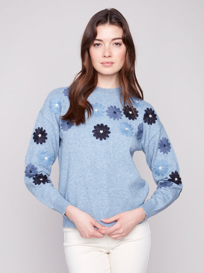 Charlie B Top - Embroidered Crew - Denim Blue