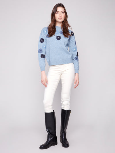 Charlie B Top - Embroidered Crew - Denim Blue