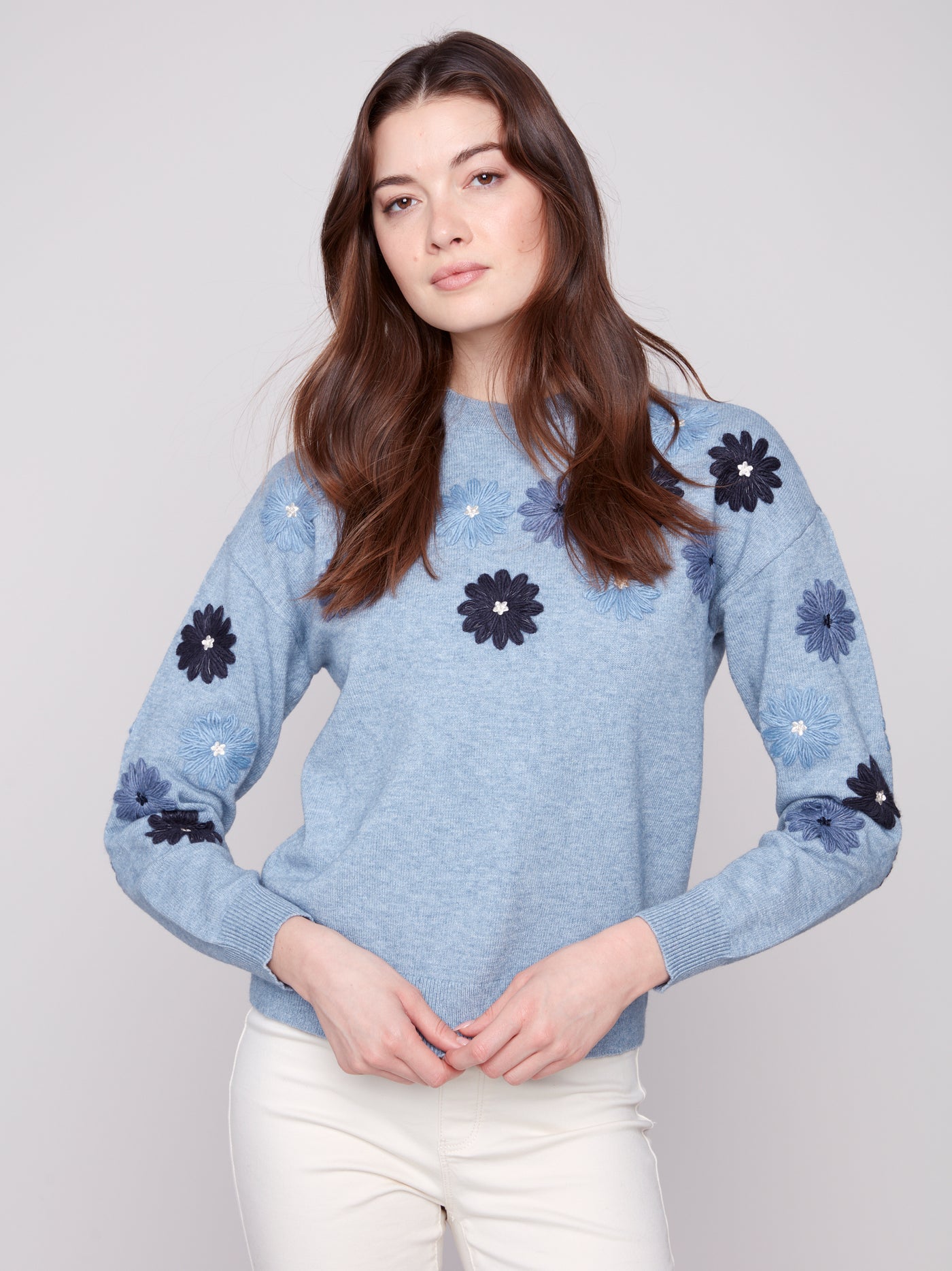 Charlie B Top - Embroidered Crew - Denim Blue