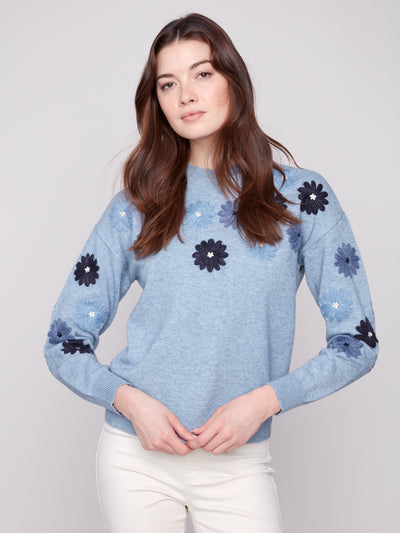 Charlie B Top - Embroidered Crew - Denim Blue