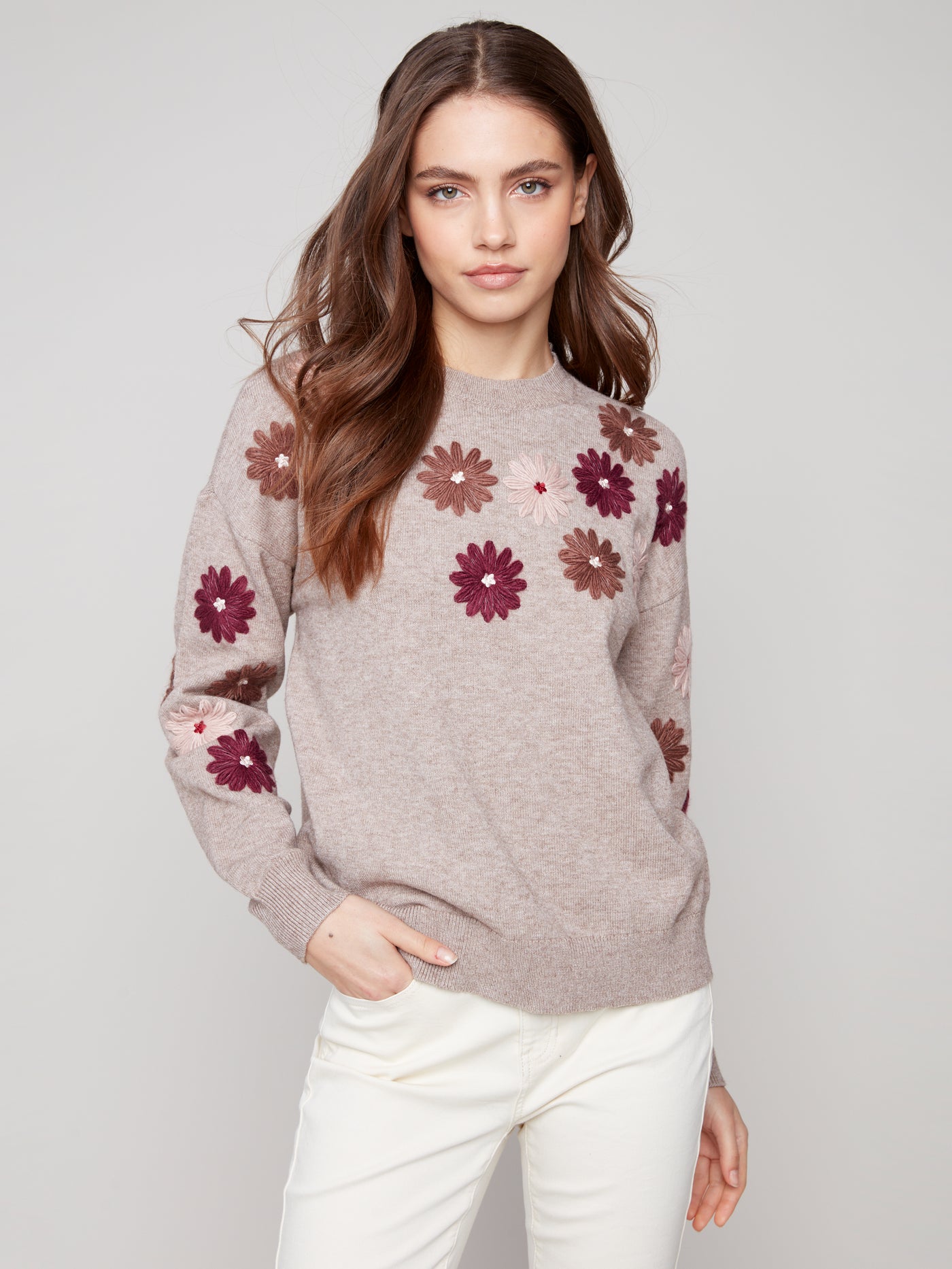 Charlie B Top - Embroidered Crew - Taupe