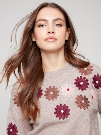 Charlie B Top - Embroidered Crew - Taupe