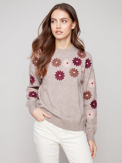 Charlie B Top - Embroidered Crew - Taupe