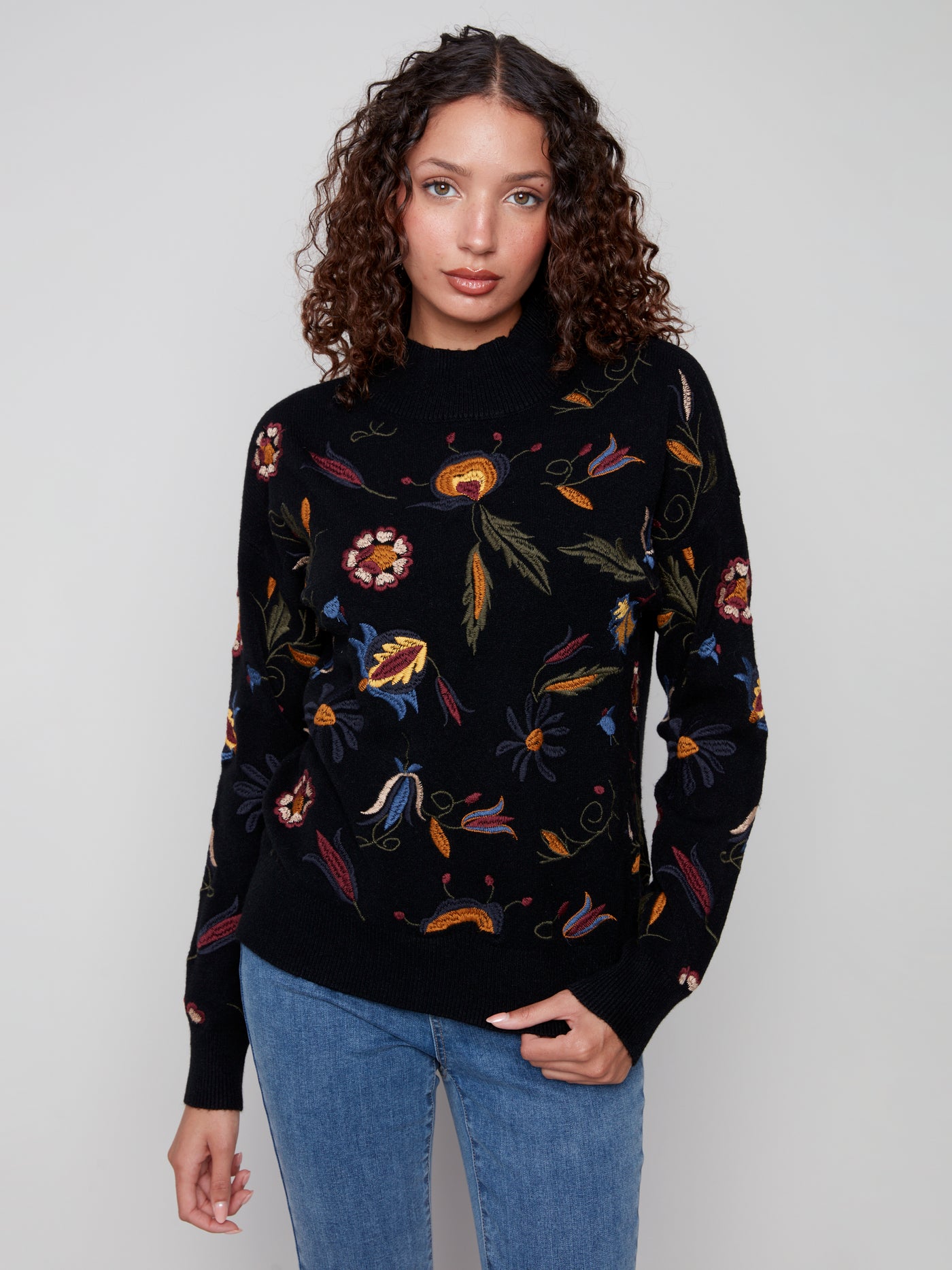 Charlie B Top - Embroidered Knit - Black /Multi