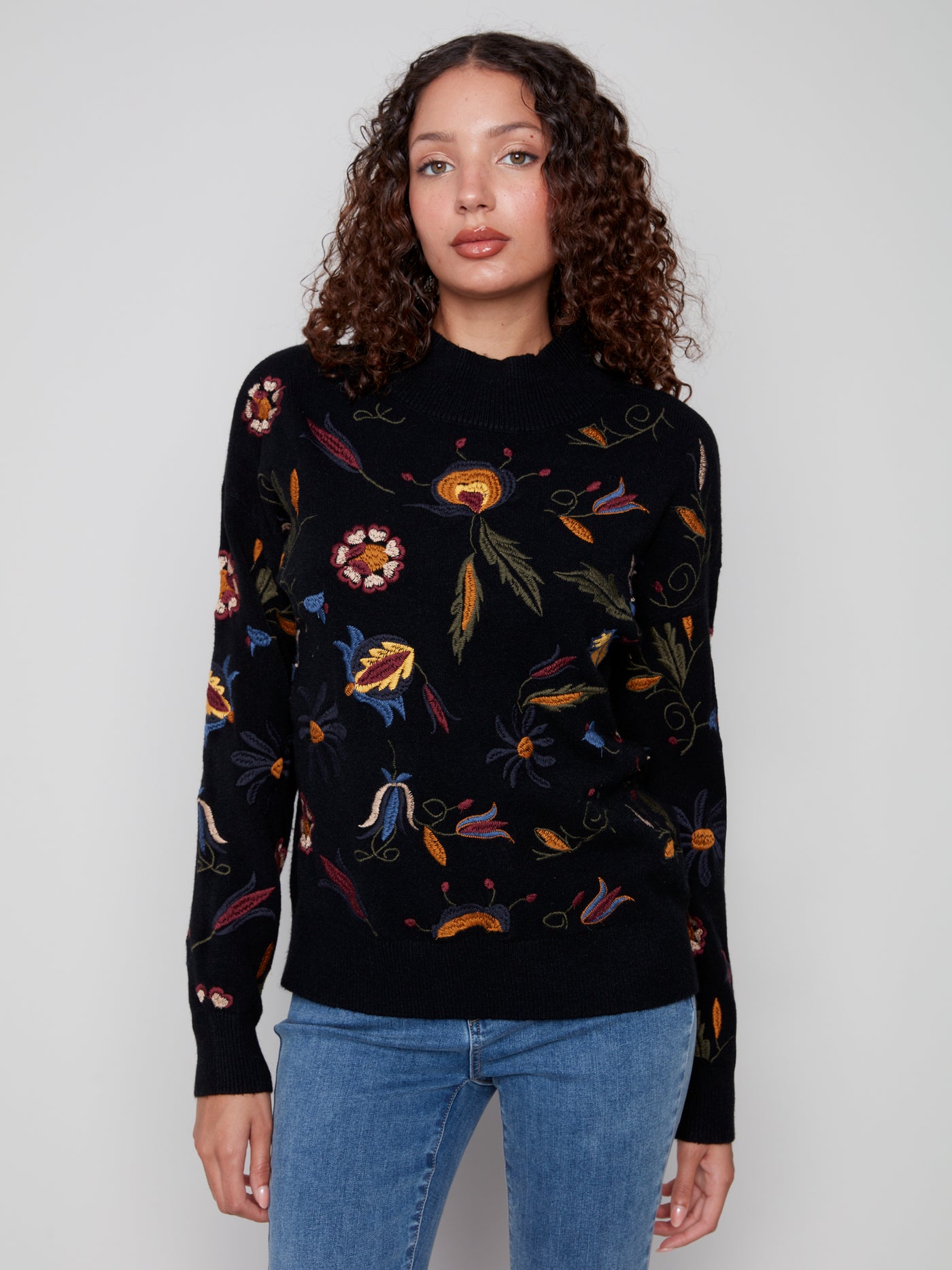 Charlie B Top - Embroidered Knit - Black /Multi