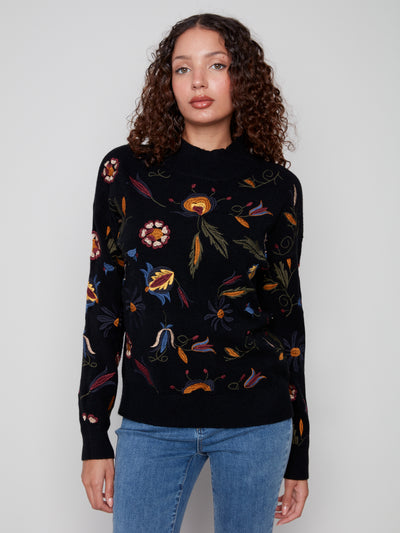 Charlie B Top - Embroidered Knit - Black /Multi