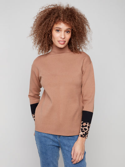 Charlie B Top - Animal Print Sleeve - Truffle