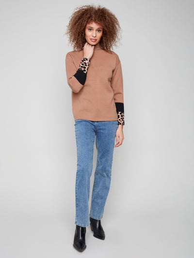 Charlie B Top - Animal Print Sleeve - Truffle