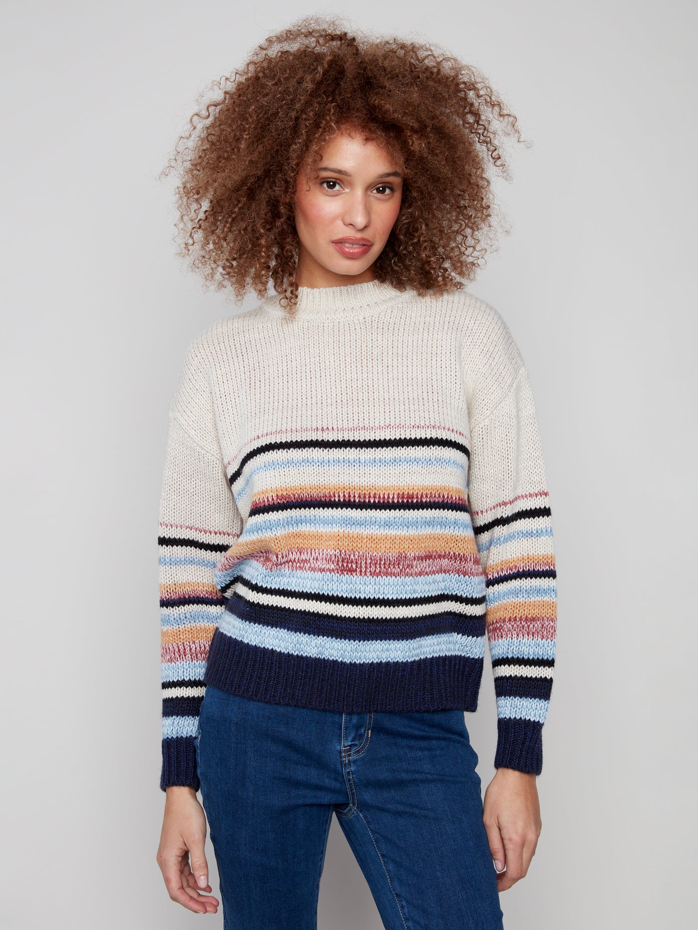Charlie B Top - Striped Crew Sweater - Oat