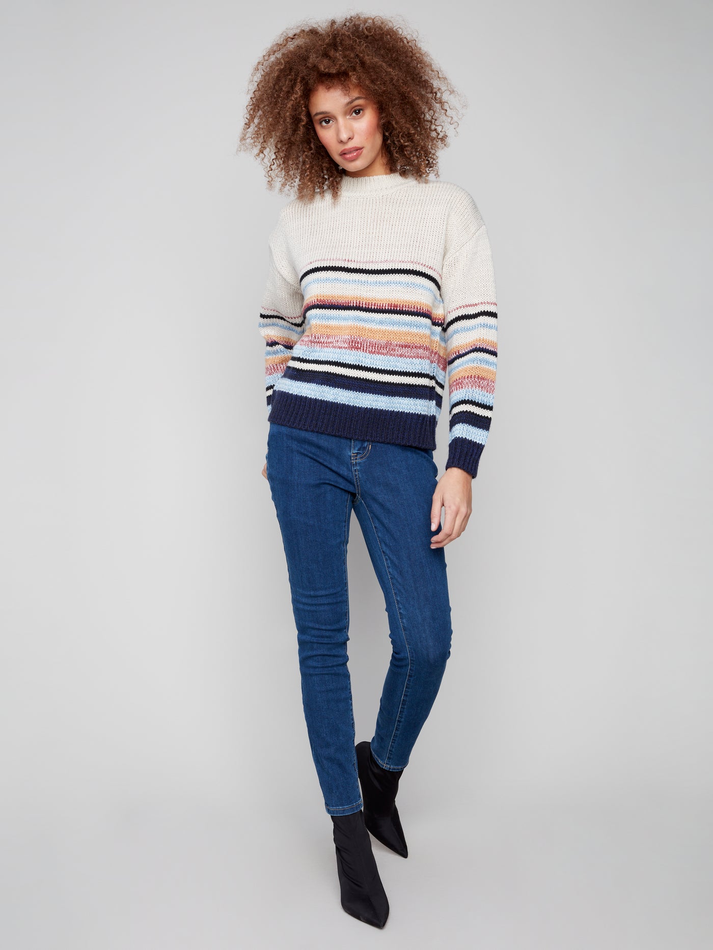 Charlie B Top - Striped Crew Sweater - Oat