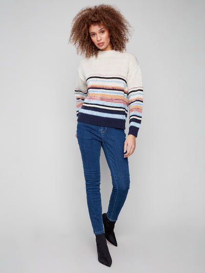 Charlie B Top - Striped Crew Sweater - Oat
