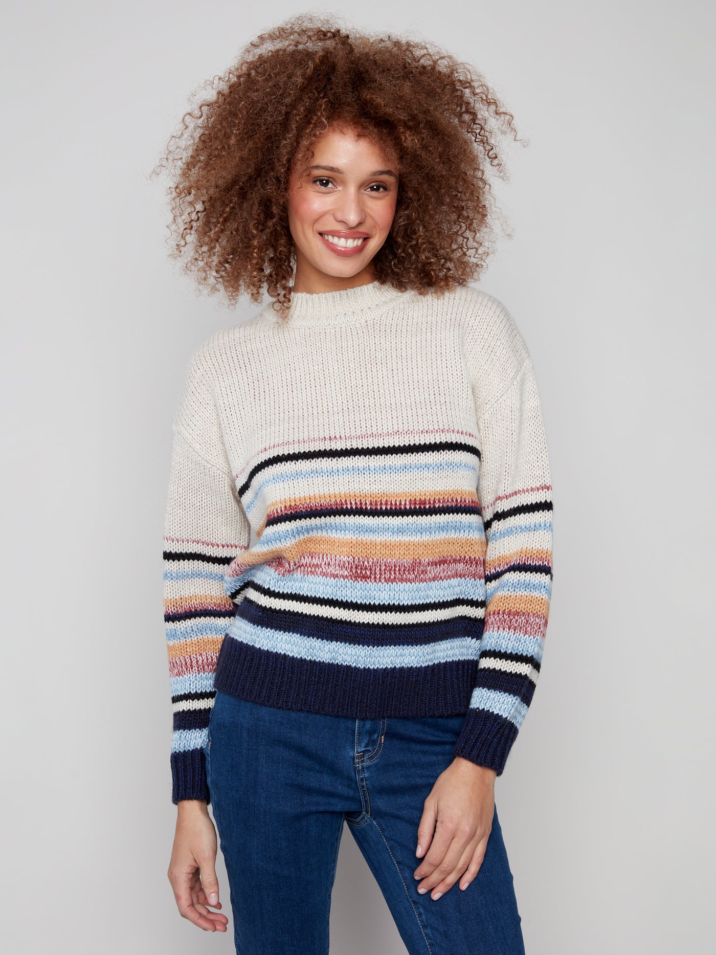 Charlie B Top - Striped Crew Sweater - Oat