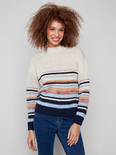 Charlie B Top - Striped Crew Sweater - Oat
