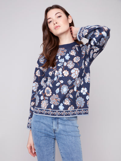 Charlie B Top - Floral Sweater - Navy