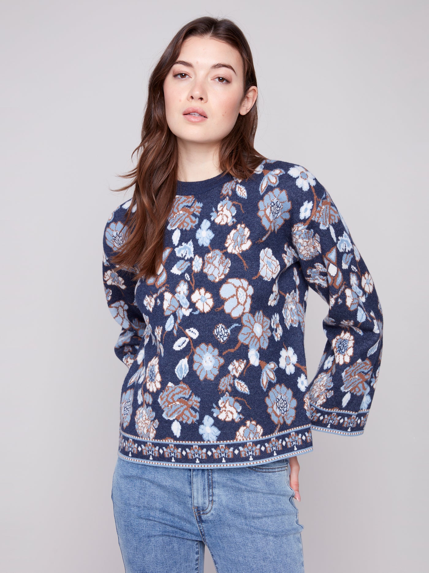 Charlie B Top - Floral Sweater - Navy