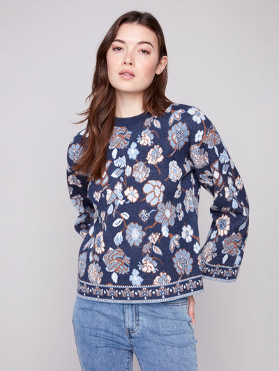 Charlie B Top - Floral Sweater - Navy