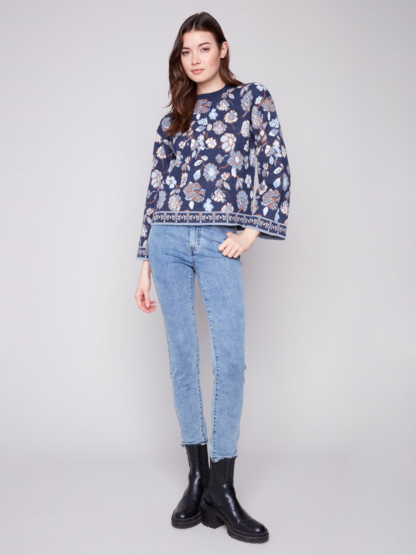 Charlie B Top - Floral Sweater - Navy