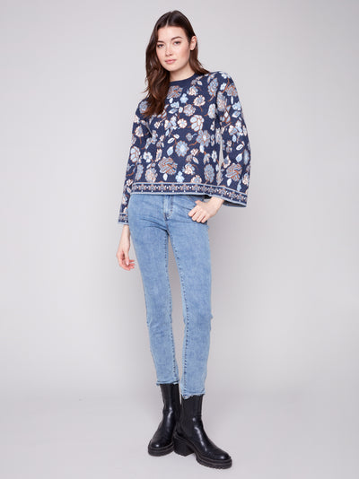 Charlie B Top - Floral Sweater - Navy