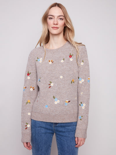 Charlie B Top - Embroidered Crew - Lt Brown