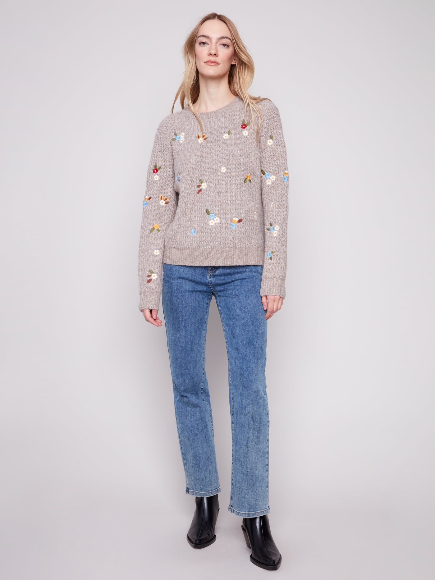 Charlie B Top - Embroidered Crew - Lt Brown
