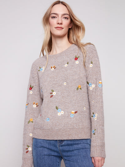 Charlie B Top - Embroidered Crew - Lt Brown