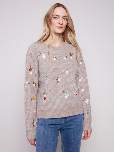 Charlie B Top - Embroidered Crew - Lt Brown