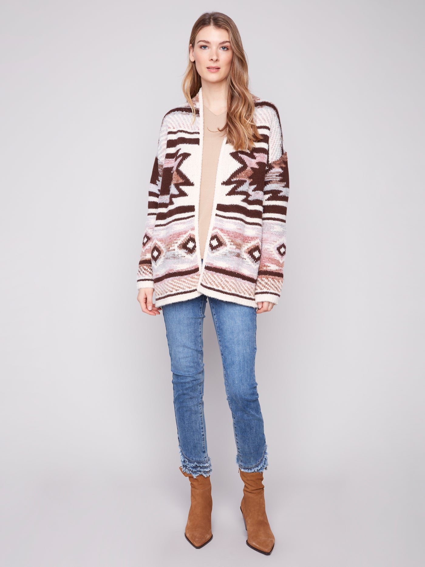 Charlie B Top - Jacquard Cardigan - Rose Wood