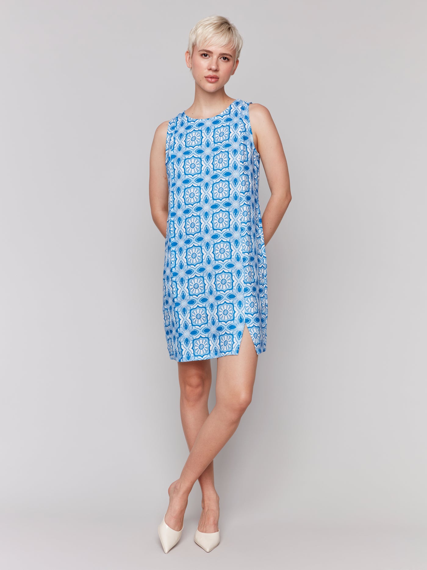 Charlie B Dress -Linen Blend Print - Blue Illusion