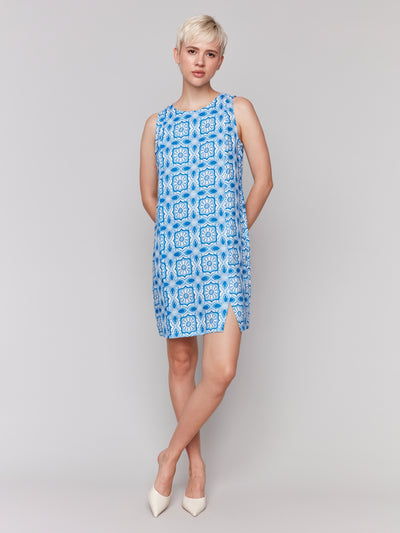 Charlie B Dress -Linen Blend Print - Blue Illusion