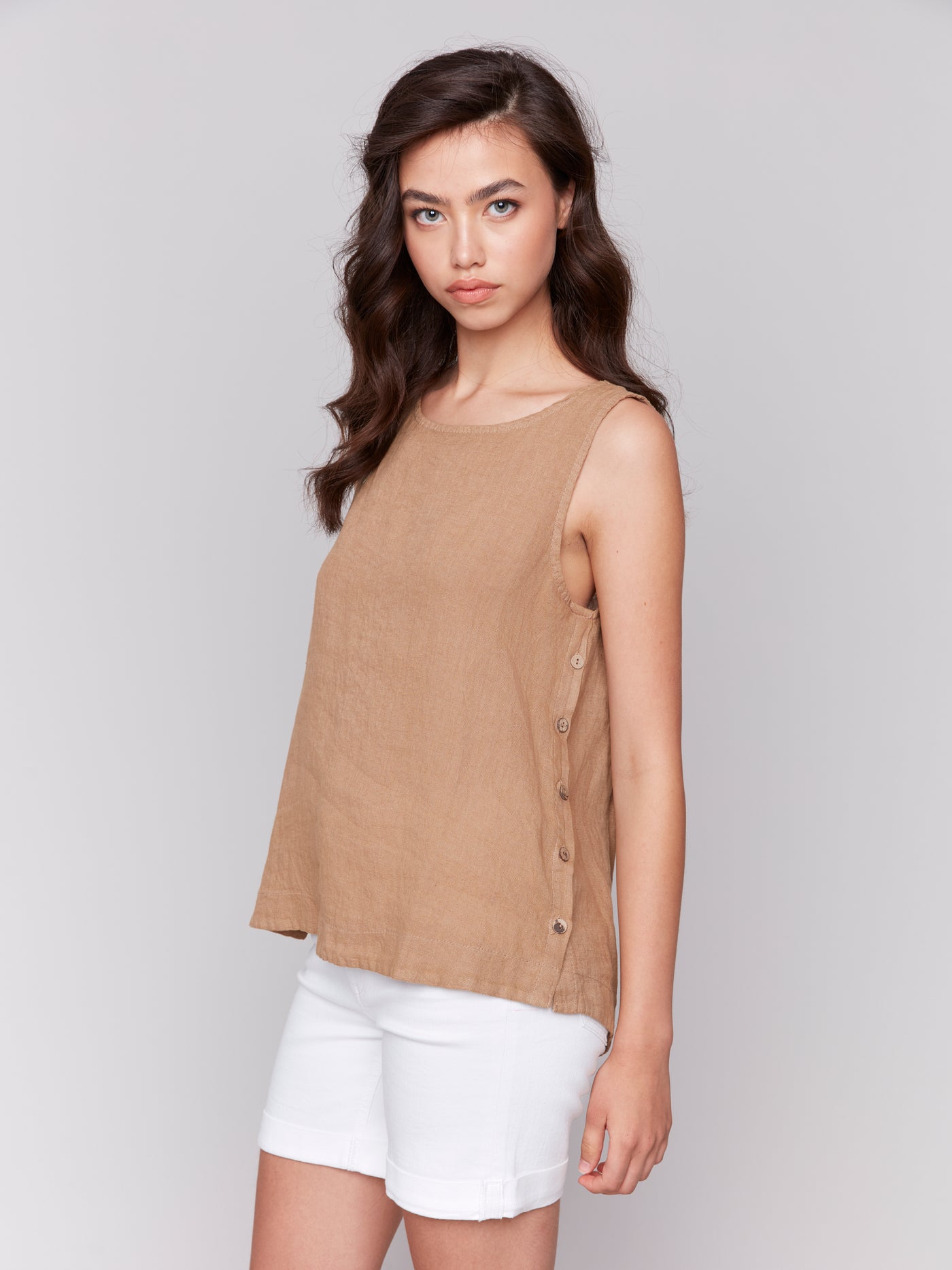 Charlie B Top - Side Button Linen - Biscuit