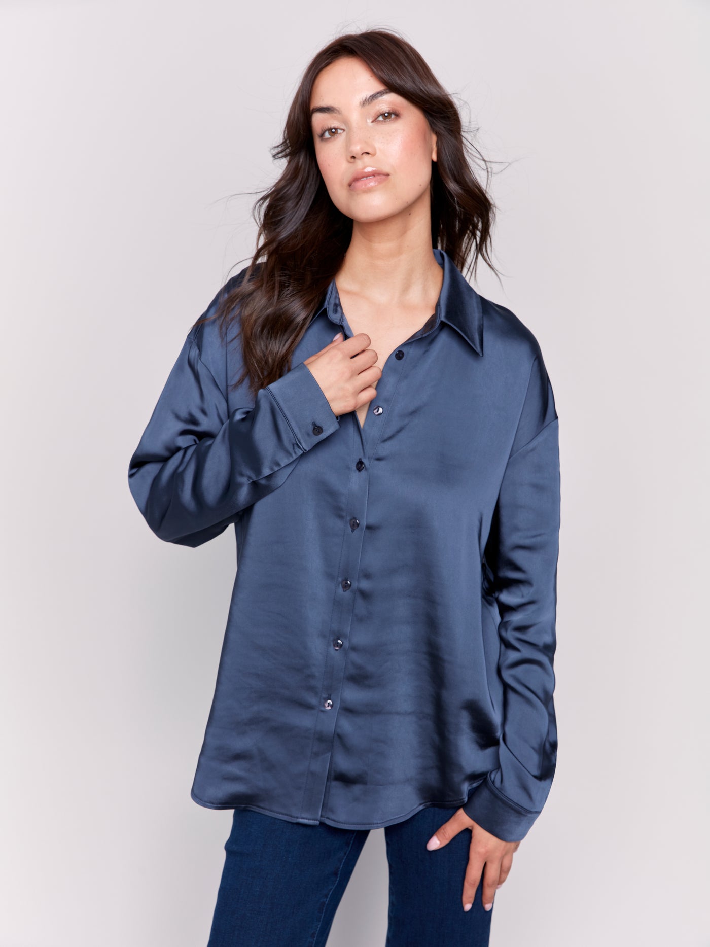 Charlie B Top - Satin Blouse - Navy