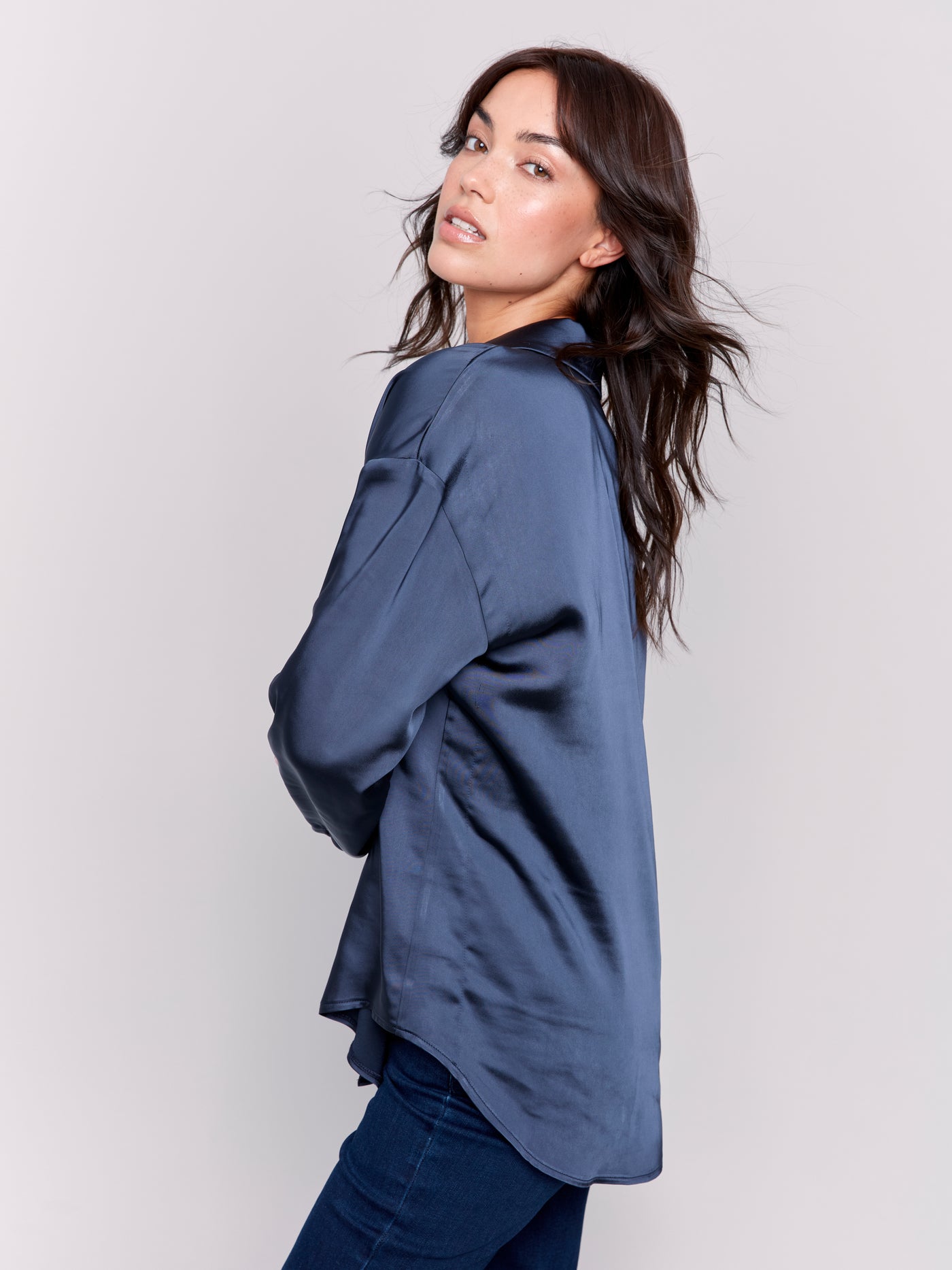 Charlie B Top - Satin Blouse - Navy