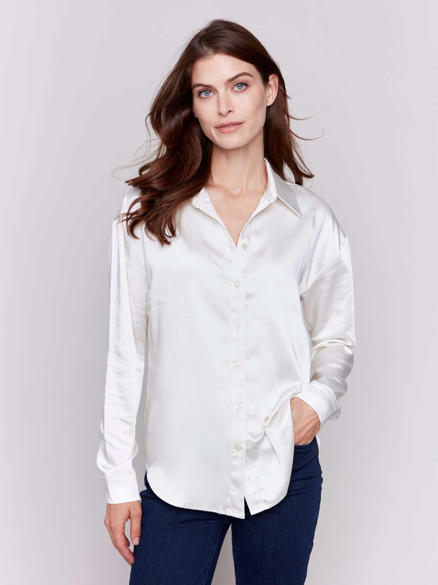 Charlie B Top - Satin Blouse - Ecru