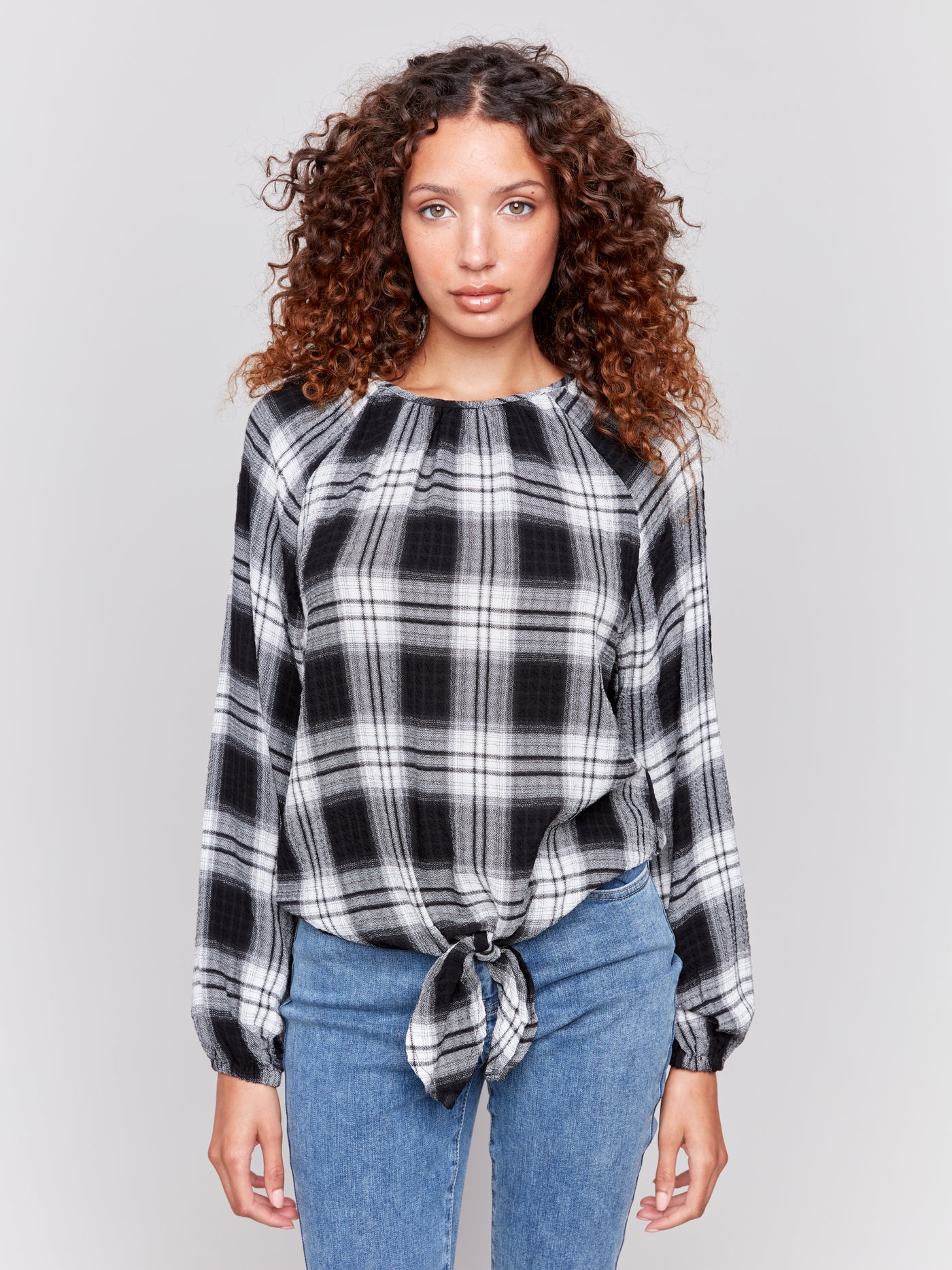 Charlie B Top - Front Tie Blouse - Pepper Plaid